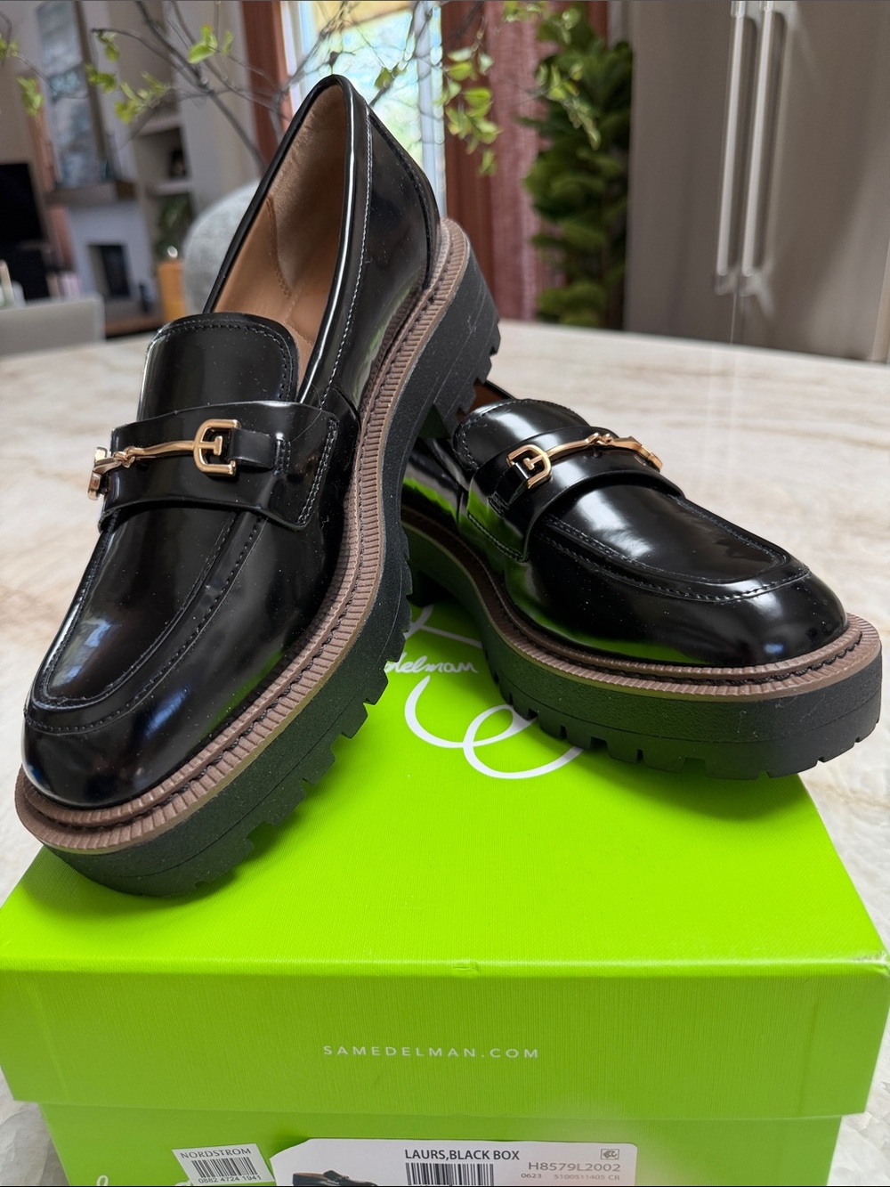New in box, Sam Edelman Laurs Black Patent Loafers with Gold-Tone Bit